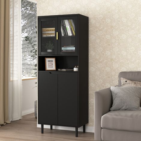 Armoire bibliothèque haute 4 portes verre trempé avec plateau réglable, MDF laqué noir, rangement pour salon et chambre, design moderne. (1/5)