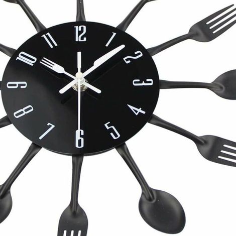 Horloge De Cuisine - Effet Miroir - Motif Cuillère Fourchette - Noir - 30 X 30 Cm - 1 Unité (1/4)