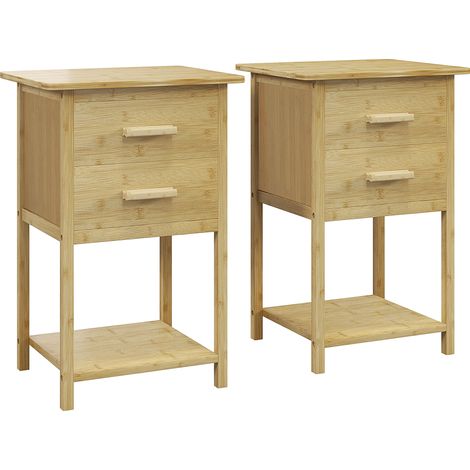 Ensemble de 2 Tables de Chevet avec 2 Tiroirs et Étagère Inférieure de style Nordique, Tables de Chevet Modernes en Bambou, 40x34x60 cm, couleur Bois (1/5)