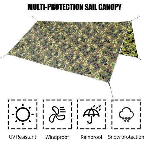 Bâche de camping 3 x 3 m (10 x 10 pi) avec motif camouflage, imperméable, résistante aux UV et dotée d'un sac de rangement et de piquets, idéale pour les activités en extérieur : terrasse, jardin, cou