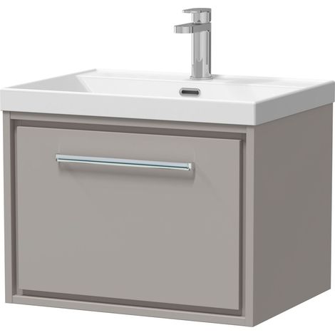 Balterley Longnor Modern Bathroom 1 Soft Close Drawer Wall Hung Vanity Unit & Rectangular Basin, Pebble Grey, 600mm