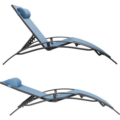 Happy Garden – Lot de 2 transats GALAPAGOS en textilène bleu gris – Structure aluminium gris anthracite – Dossier inclinable 5 niveaux – Confort optimal