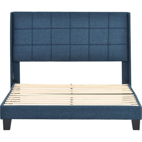 Letto matrimoniale capitonné 140x200 cm in lino blu con rete a doghe e materasso a molle (1/5)