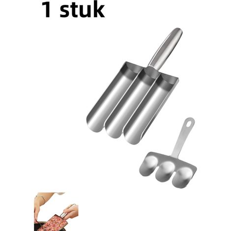 pièce - Moule à boulettes de viande en acier inoxydable avec spatule - Moule pour boulettes de poisson et de crevettes - Moule pour boulettes de riz et de viande - Trois tubes - Argenté (1/5)