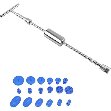 Kit de débosselage sans peinture, robuste et adapté aux réparations de carrosserie après grêle. Comprend un extracteur en T professionnel et 18 adhésifs. (1/4)