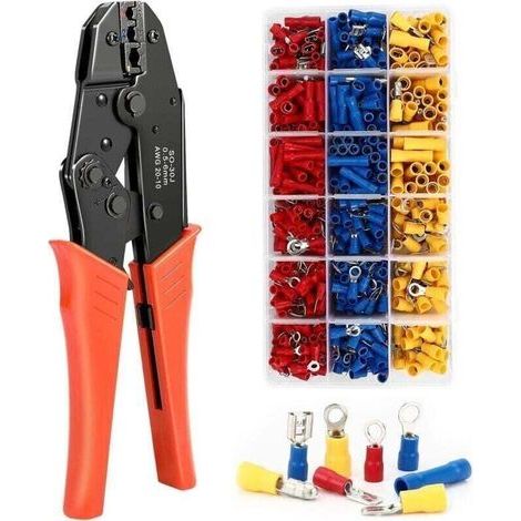 Pince a Sertir, XU,700 Pieces Isolées de AWG20-10 (0,5-1,5mm2) (1,5-2,5mm2) (4-6mm2) Pince à Sertir à Cliquet pour Cosses Pré-Isolées avec 700PCS, 24 Types de Cosses à Sertir Isolées - KZQ (1/4)