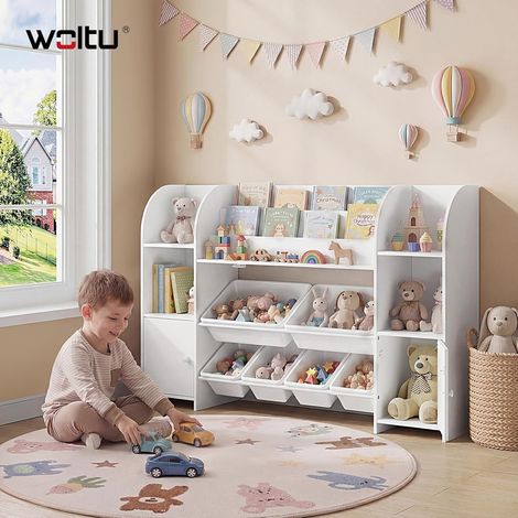 WOLTU Estantería Infantil Montessori con 2 Armarios de Almacenamiento y 6 Cajas Extraíbles, Estantería Multifuncional para Niños, Blanco (1/5)