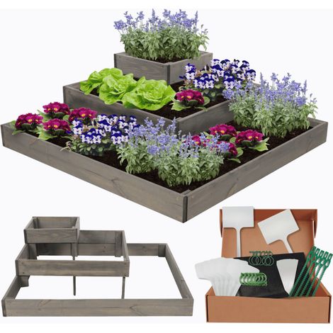 MODO24 Potager surélevé bois ZP08 27x92x92 cm, jardinière balcon/terrasse pour herbes, légumes, kit jardinier inclus, gris imprégné