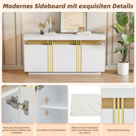 Meuble TV moderne blanc 140x38x70cm, buffet avec 3 portes pour salle à manger, étagères ajustables, idéal cuisine/salon/couloir, coutures plaquées, grands compartiments sans poignée. (1/5)
