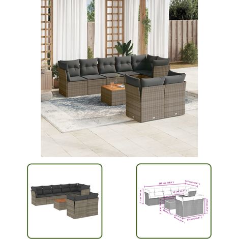 The Living Store 9-tlg. Garten-Sofagarnitur mit Kissen Grau Poly Rattan - Gartenmöbel - Outdoor Möbel - Rattan Gartenmöbel - Lounge Set - Esstisch