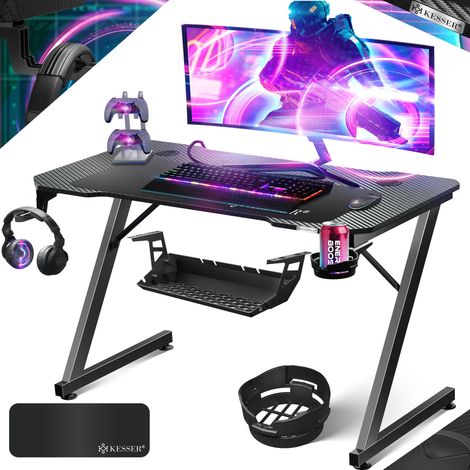 KESSER® Ultimativer Gaming Tisch  Z-Frame Gaming Schreibtisch mit Getränkehalter  Kopfhörer Haken  Computertisch PC Tisch Ergonomischer Gamer Tisch  120 x 60 cm  Schwarz Carbon
