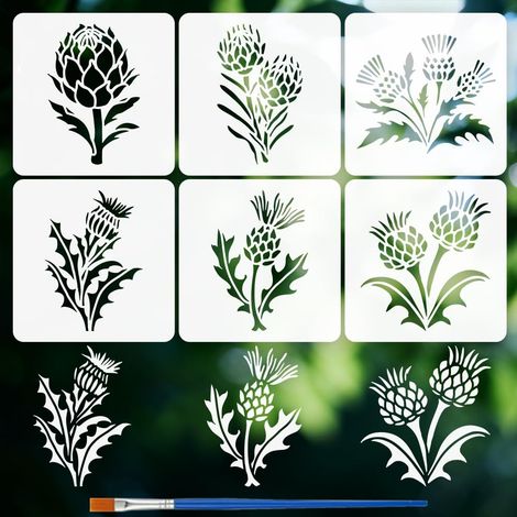 6Pcs Pochoir Fleur de Chardon Avec Pinceau, 15x15cm Pochoir Décoratif Plante de Chardon Pochoirs Reutilisables Fleurs Sauvages pour Peinture sur Bois Mur Meuble Décoration Intérieure (1/5)