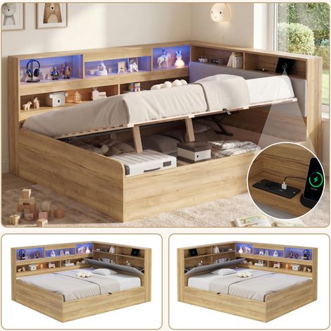 Lit de jour coffre hydraulique, lit enfant 140x200cm, lit en bois, lit junior, avec station de charge USB et éclairage LED, coloris naturel