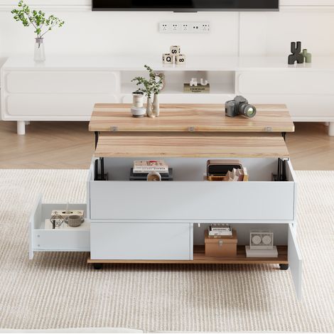 Table basse relevable 100x98x65 cm blanc et bois naturel en panneau de particules avec rangement et roulettes (1/5)