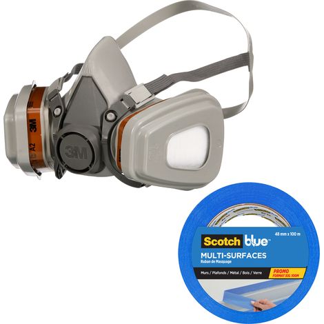 Pack 3M™ & ScotchBlue™ : Kit demi-masque respiratoire 6002 A2P2 peinture ponçage et Ruban de masquage multi-surfaces 14 jours (1/2)