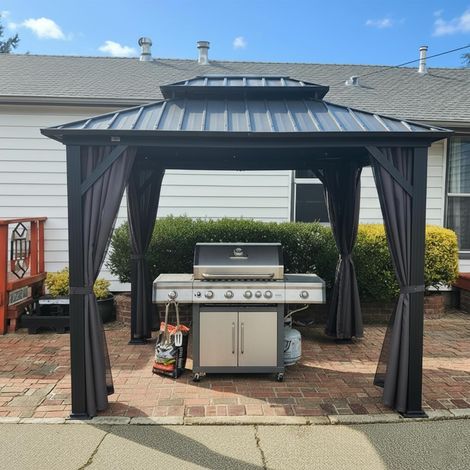 PURPLE LEAF Pergola de Jardin Extérieur Économique, Hardtop Tonnelle, Pavillon en Aluminium avec Toit Double en Acier Galvanisé, Gazebo avec Moustiquaire et Rideaux, 3 x 2.4 m, Gris (1/5)