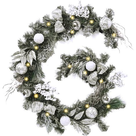 Guirlande de Noël Artificielle Sapin, 183 cm avec 20 LED et Minuterie, Boules et Nœuds Argentés et Blancs - Décoration pour Escalier, Cheminée, Porte, Table (1/5)
