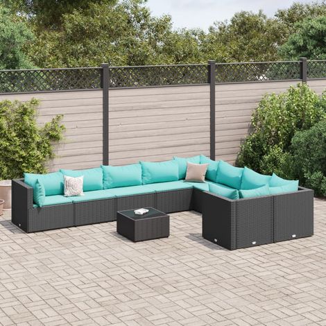 Gartentisch -  10-tlg. Garten-Sofagarnitur mit Kissen Schwarz Poly Rattan (1/5)