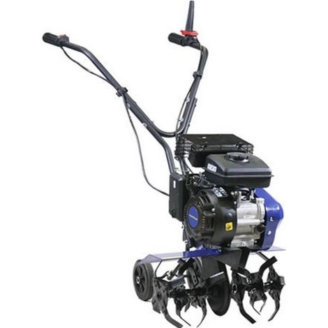 Motobineuse thermique 4T 98.5 cm³ – Moteur essence OHV – Largeur de travail 210/420 mm – Profondeur de travail 200/240 mm – Poids 34 kg – Goodyear (1/5)