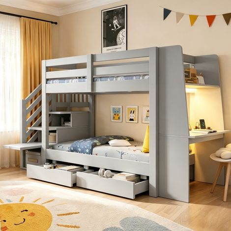 Cama alta 90x200 cm gris, con escritorio, estantes, 2 cajones, escalera de almacenaje, LED y enchufe, estructura de madera, sin colchón (1/5)