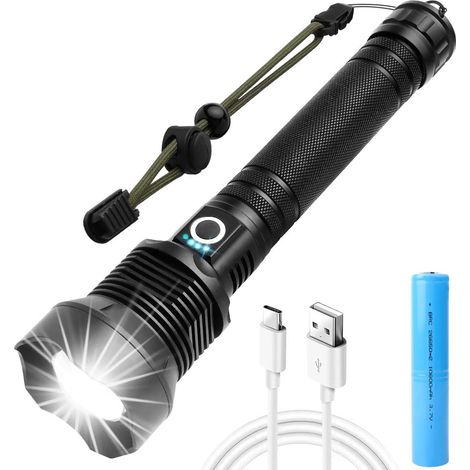 Linterna LED Recargable - 90000 Lúmenes - Modos Luz: Medio Alto Estroboscópico - Zoom Ajustable - IPX5 Resistente al Agua - Para Emergencias (1/5)