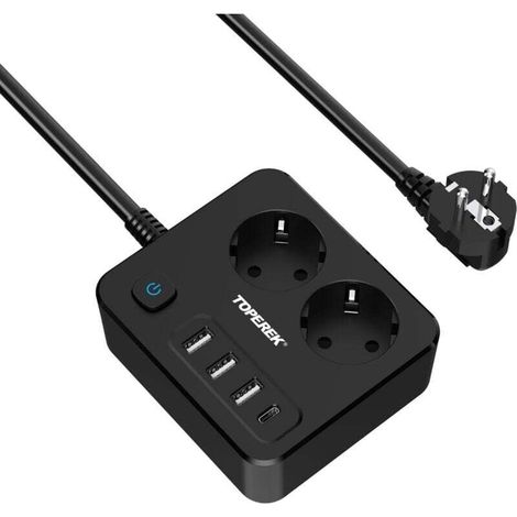 Multiprise 6 en 1 avec USB, Bloc Multiprise 2 Prises et 4 Ports USB (4000W), Prise Multi Parasurtenseur Parafoudre et Surtension avec Interrupteur, Noir