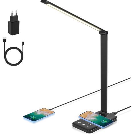 LED-Schreibtischlampe, dimmbare Tischlampe mit 7,5 W kabelloser Ladefunktion und USB-Ladeanschluss, Augenschutz-Leselampe, 5 Helligkeitsstufen, 5 Farbtemperaturen [Energieeffizienzklasse F] (1/5)