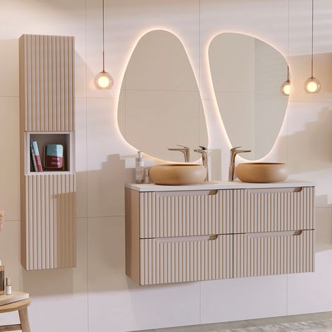 Ensemble meuble double vasque 120cm 4 tiroirs et colonne Riva Cachemire et Blanc (1/5)