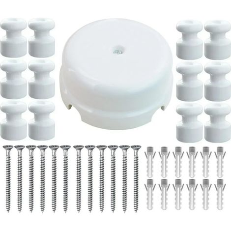 Kit Boîte de Dérivation + 12 Isolateurs en Porcelaine, blanc Ø78mm pour systèmes à 4 trous pour entrée/sortie du câble. Couvre-câbles et cache-fils en céramique, Brillant, Ø 78 mm Prof. 35 mm (1/5)