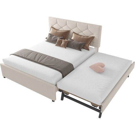 Letto imbottito 140x200 cm in velluto beige con letto estraibile reversibile, rete a doghe inclusa, stile minimalista e salvaspazio senza materasso CHICFURN (1/5)