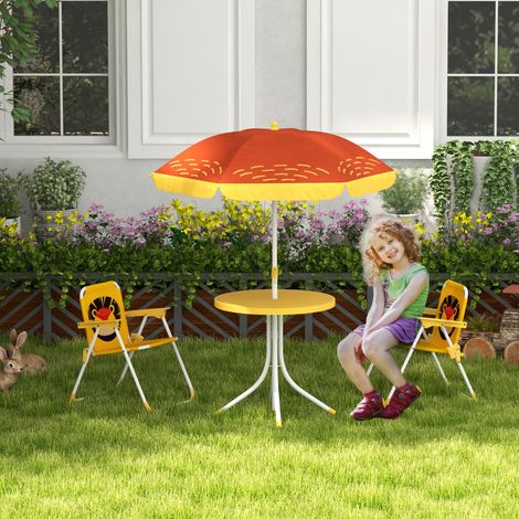 Ensemble 2 chaises pliantes table enfants parapluie hauteur réglable thème lion jardin, jaune
