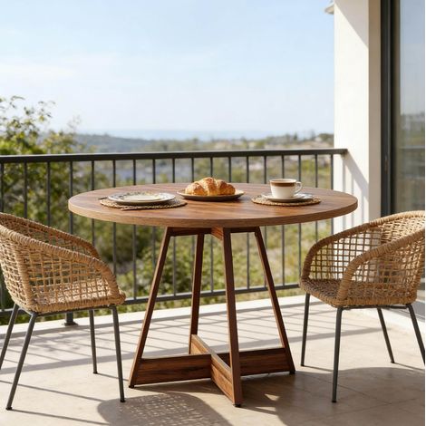 MEUBLIV Table à manger ronde 100 cm marron – plateau MDF, style bistrot, 2 à 4 personnes (1/5)