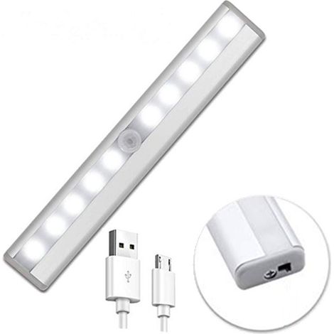 Lampe de placard LED rechargeable 10 LED avec détecteur de mouvement sous les lumières de l'armoire Stick Anywhere Veilleuse rechargeable USB sans fil pour cuisine, armoire, couloir (lot de 3) (1/5)