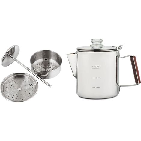 Cafetière percolateur en acier inoxydable avec bec en V, poignée en bois, multi-poêle compatible pour camping pique-nique, argent 6 tasses 900-1500 ml (1/5)