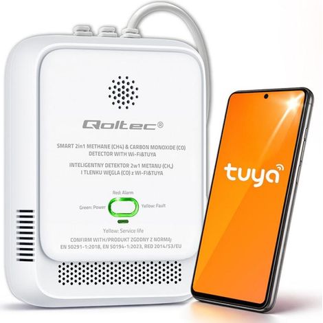 Qoltec 52654 Detector 2 en 1 de fugas de gas natural y monóxido de carbono (CO)  CH4  QUÉ  NG  Tuyá  Wi-Fi  Alarma de 85dB (1/5)