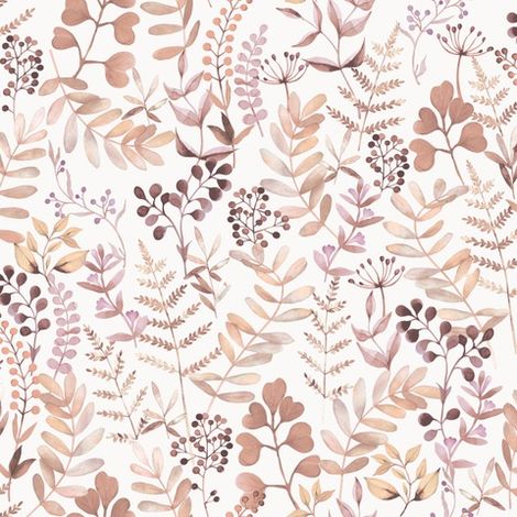 Papier peint herbier aquarelle tons rosés fond blanc