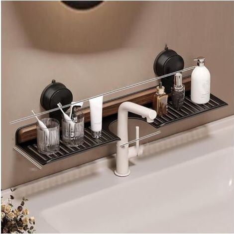Étagère de salle de bain à ventouse en noyer, étagères de lavabo sans perçage au-dessus du robinet, support mural au-dessus du robinet de cuisine (noir, 50 cm) (1/4)