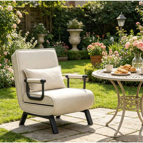 Sillón convertible 3 en 1 con respaldo ajustable en 5 posiciones, lino y metal, beige DESVIAE (1/5)