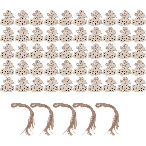 50 Pièces de Rondelles en Bois Ange Non Fini, Ornements de Noël à Suspendre avec Corde en Chanvre, DIY Créatif (1/5)