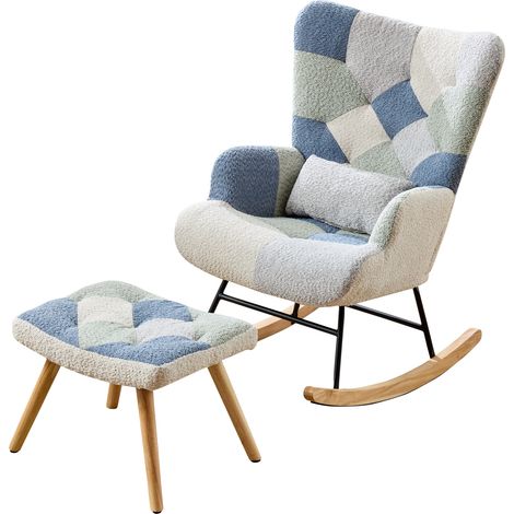Sillón balancín con reposapiés, tejido patchwork beige y azul, 110 kg (1/5)