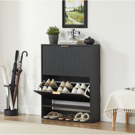 Mobile portascarpe 80x24x102 cm nero in MDF con anta a ribalta, ripiani regolabili e protezione antiribaltamento (1/5)