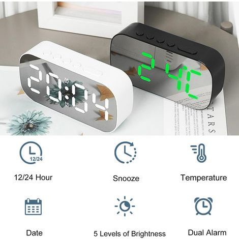 Kleiner digitaler Wecker mit Temperaturanzeige, Datumsanzeige, Nachtmodus, fünf Helligkeitsstufen, Doppelalarm und Schlummerfunktion (Schwarzlicht und Grünlicht).