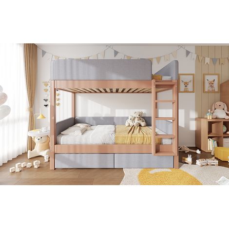 Lit superposé, lit pour enfant, bord en éponge anti-collision souple, escalier droit à quatre marches, avec deux tiroirs, sommiers à lattes stables, bois d’hévéa + MDF, gris + naturel, 90x200cm (1/5)