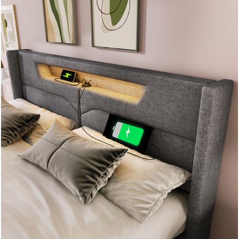 Lit double capitonné moderne en lin gris 160x200 cm avec tête de lit LED, USB/Type-C et coffre de rangement (1/5)