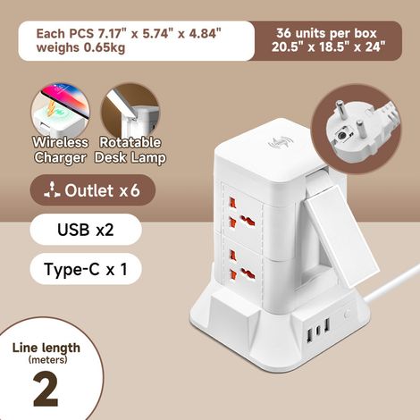 Multiprise Tour 6 Prises Universelles avec Chargeur Induction, Lampe de Bureau Pivotante, 2 USB + 1 USB-C, Câble 2m, Prise (1/4)