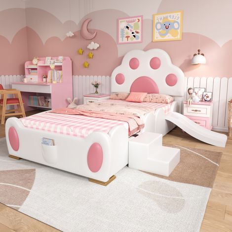 Lit simple capitonné 90x200 cm - Tête de lit rembourré en forme de pattes de chat - Lit enfant avec toboggan et échelle à deux marches - Sommier à lattes - PU - Blanc+rose - Sans matelas