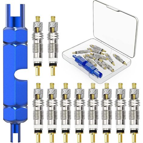 Obus de valve Presta, kit de démontage de valve Presta 11 pièces pour vélos de route et VTT, kit de remplacement d'obus de valve Presta avec clé d'extension (1/5)