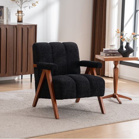 Poltrona con braccioli, struttura in legno di quercia, bouclé nero, stile moderno HAVRYA (1/5)