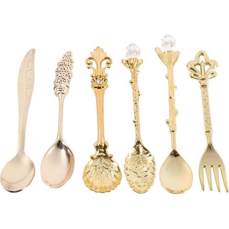 Set aus 6 Vintage-Dessertlöffeln aus Metall, kleinen Kaffeelöffeln, Milchlöffeln und Obstgabeln, Geschirr für Küche und Esszimmer.