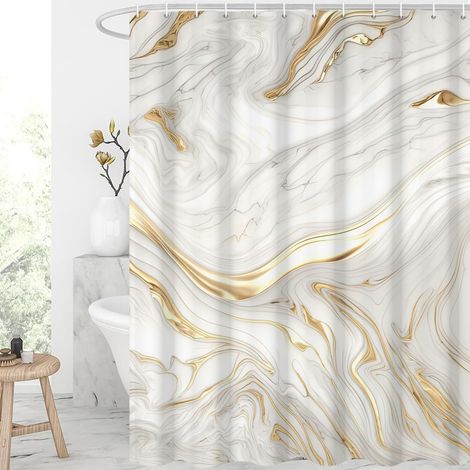 Rideau de douche, 180 x 180 cm, marbre blanc et doré moderne crack texture encre tissu imperméable lavable en machine avec crochets (1/5)
